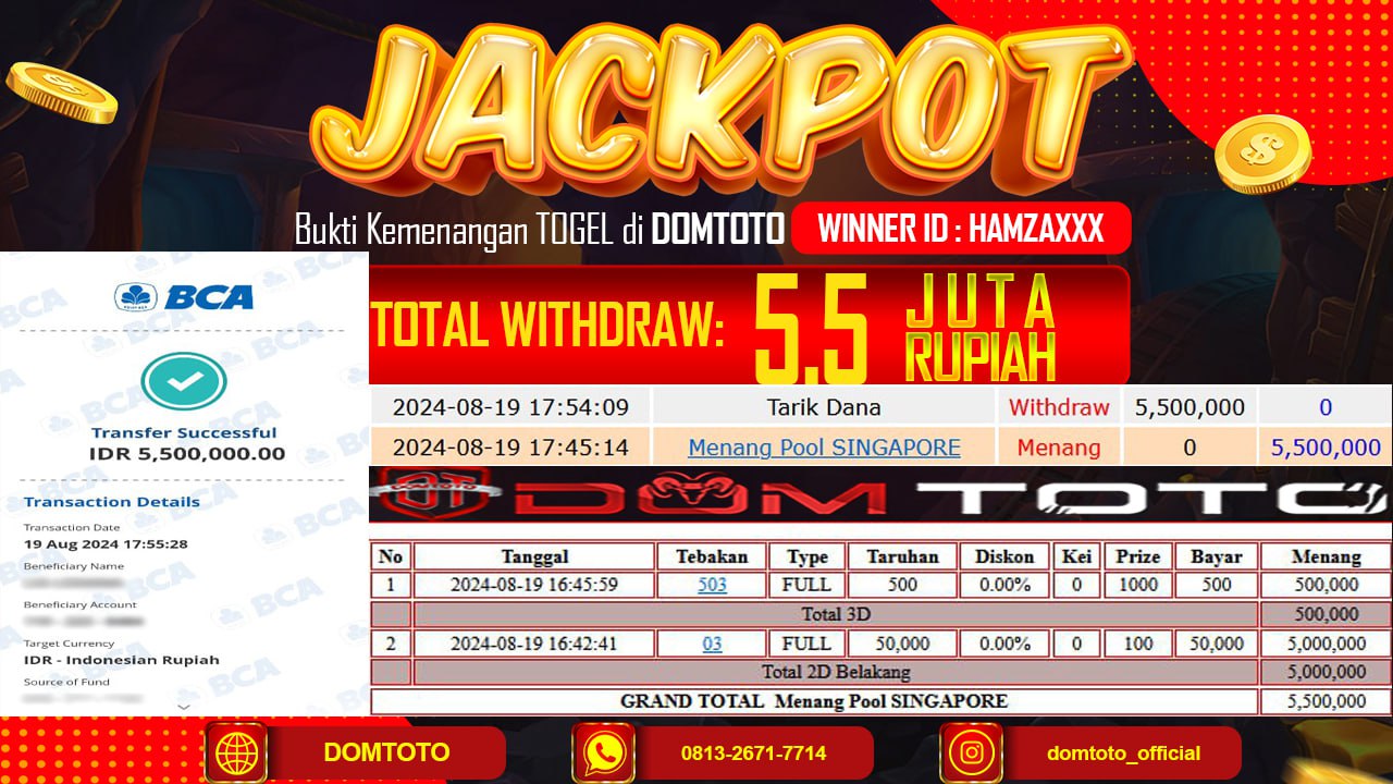 JACKPOT TOGEL SINGAPORE 19  AGUSTUS 2024
